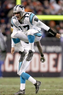 CHICAGO - JANUARY 15:  Quarterback Jake Delhomme #17 of the Carolina Panthers celebrates defeating the Chicago Bears 29-21 in the NFC Divisional playoff game at Soldier Field on January 15, 2006 in Chicago, Illinois.  (Photo by Nick Laham/Getty Images)