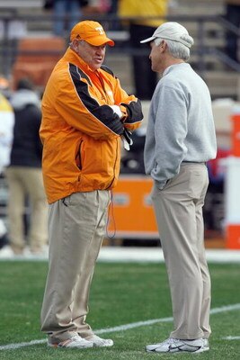 NASHVILLE, TN - NOVEMBER 22:  Head coach Phillip Fulmer of the Tennessee Volunteers talks with head coach Bobby Johnson the Vanderbilt Commodores before the game at Vanderbilt Stadium on November 22, 2008 in Nashville, North Carolina.  (Photo by Kevin C. 