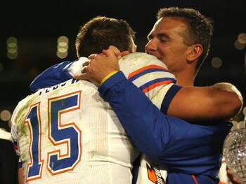 MIAMI - JANUARY 08:  Head coach Urban Meyer and Tim Tebow #15 of the Florida Gators celebrate after their 24-14 win against the Oklahoma Sooners during the FedEx BCS National Championship game at Dolphin Stadium on January 8, 2009 in Miami, Florida.  (Pho