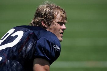 BOURBONNAIS, IL - JULY 30: Greg Olsen #82 of the Chicago Bears, the Bears' first round draft pick, watches teammates during a summer training camp practice on July 30, 2007 at Olivet Nazarene University in Bourbonnais, Illinois. (Photo by Jonathan Daniel/