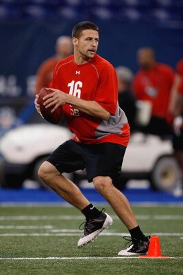 INDIANAPOLIS, IN - FEBRUARY 22:  Quarterback Mike Reilly of Central Washington drops back to pass the football during the NFL Scouting Combine presented by Under Armour at Lucas Oil Stadium on February 22, 2009 in Indianapolis, Indiana. (Photo by Scott Bo
