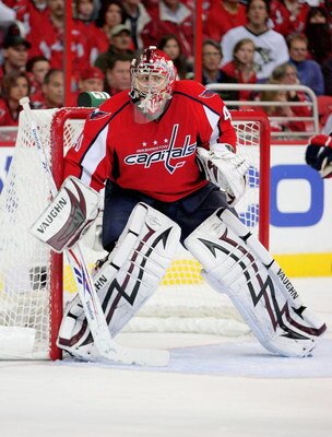 WASHINGTON - MAY 02:  Simeon Varlamov #40 of the Washington Capitals readies to stop a shot on goal by a member of the Pittsburgh Penguins during Game One of the Eastern Conference Semifinal Round of the 2009 Stanley Cup Playoffs on May 2, 2009 at the Ver