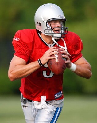 ALLEN PARK, MI - AUGUST 04: Matthew Stafford #9 of the Detroit Lions gets ready to throw a pass during training camp at the Detroit Lions Headquarters and Training Facility on August 4, 2009 in Allen Park, Michigan.  (Photo by Gregory Shamus/Getty Images)