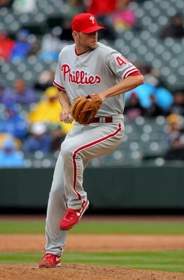 DENVER - APRIL 12:  Relief pitcher Ryan Madson #46 of the Philadelphia Phillies delivers against the Colorado Rockies at Coors Field on April 12, 2009 in Denver, Colorado. Madson earned the win as the Phillies defeated the Rockies 7-5.  (Photo by Doug Pen