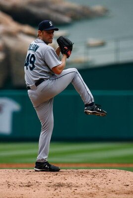 ANAHEIM, CA - MAY 31:  Garrett Olson #49 of the Seattle Mariners pitches against the Los Angeles Angels of Anaheim at Angel Stadium on May 31, 2009 in Anaheim, California.  (Photo by Jeff Gross/Getty Images)
