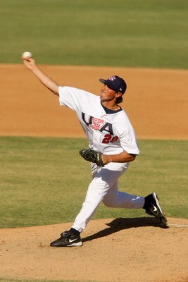 PHOENIX - NOVEMBER 17:  Pitcher Brian Sanches #20 of the USA delivers a pitch against Nicaragua during the CONCEBE Olympic Qualifier on November 17, 2005 at Maryvale Stadium in Phoenix, Arizona.  The USA won 7-4.  (Photo by Harry How/Getty Images)