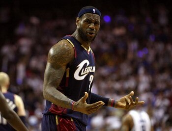 ORLANDO, FL - MAY 30: LeBron James #23 of the Cleveland Cavaliers reacts after a play against the Orlando Magic in Game Six of the Eastern Conference Finals during the 2009 Playoffs at Amway Arena on May 30, 2009 in Orlando, Florida. NOTE TO USER: User ex