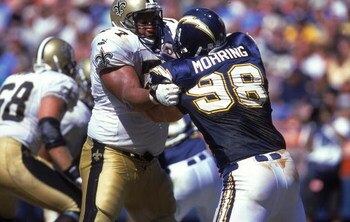 10 Sep 2000:  William Roaf #77 of the New Orleans Saints blocks Michael Mohring #98 of the San Diego Chargers during the game at Qualcomm Stadium in San Diego, California.  The Saints defeated the Chargers 28-27.Mandatory Credit: Stephen Dunn  /Allsport
