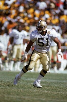 NEW ORLEANS - 1990:  Linebacker Sam Mills #51 of the New Orleans Saints runs downfield during a 1990 NFL game against the Atlanta Falcons at The Superdome in New Orleans, Louisiana. The Saints won 27-6. (Photo by Jim Gund/Getty Images)