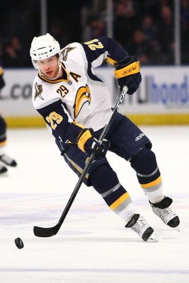 NEW YORK - MARCH 21:  Jason Pominville #29 of the Buffalo Sabres skates against the New York Rangers during the game on March 21, 2009 at Madison Square Garden in New York City.  (Photo by Chris McGrath/Getty Images)