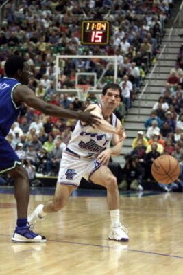 21 Apr 2001:  John Stockton #12 of the Utah Jazz in action against the Dallas Mavericks during game one of the NBA playoffs at the Delta Center in Salt Lake City, Utah.  The Jazz won 88-86.  DIGITAL IMAGE.  Mandatory Credit: Brian Bahr/Allsport
