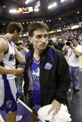 SACRAMENTO, CA - APRIL 30:  John Stockton #12 of the Utah Jazz leaves Game five of the Western Conference Quarterfinals against the Sacramento Kings during the 2003 NBA Playoffs at Arco Arena on April 30, 2003 in Sacramento, California.  The Kings won 111
