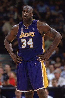 30 Jan 2002:  Close up of center Shaquille O''Neal #34 of the Los Angeles Lakers. The picture was taken during the NBA game against the Orlando Magic at the TD Waterhouse in Orlando, Florida.  The Lakers defeated the Magic 111-93. NOTE TO USER:  User expr