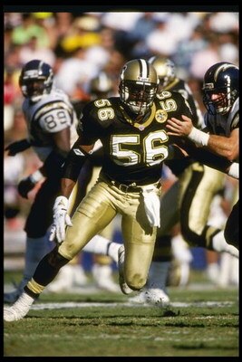 17 Nov 1991: Linebacker Pat Swilling of the New Orleans Saints moves down the field during a game against the San Diego Chargers at Jack Murphy Stadium in San Diego, California. The Chargers won the game, 24-21.