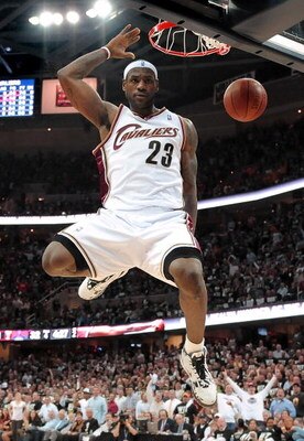 CLEVELAND - MAY 05:  LeBron James #23 of the Cleveland Cavaliers gets to the basket for a first quarter dunk while playing the Atlanta Hawks in Game One of the Eastern Conference Semifinals during the 2009 NBA Playoffs at Quicken Loans Arena on May 5, 200