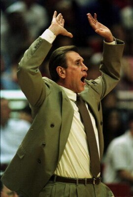 24 Mar 2000:  Rudy Tomjanovich the head coach of the Houston Rockets reacts to a call that went against his team  during the Magic -Rockets game at the TD Waterhouse Centre in orlando, fl. Mandatory Credit: Andy Lyons/ALLSPORT