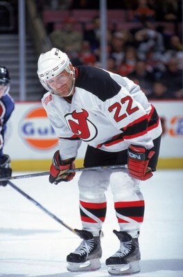 17 Feb 2000: Claude Lemieux #22 of the New Jersey Devils looks on from the ice during the game against the Colorado Avalanche at the Continental Airlines Arena in East Rutherford, New Jersey. The Avalanche tied the Devils 5-5.