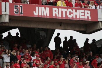 RALEIGH, NC - SEPTEMBER 18:  View of a sign hung in Carter-Finley Stadium which honors former North Carolina State Wolfpack player Jim Ritcher during the game against the Ohio State Buckeyes on September 18, 2004 at  Stadium in Raleigh, North Carolina. Ji