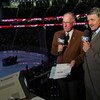 NEWARK, NJ - FEBRUARY 08:  (L-R) Broadcasters Doc Emerick and Glenn 'Chico' Resch prepare for the NHL game between the Anaheim Ducks and the New Jersey Devils on February 8, 2008 at the Prudential Center in Newark, New Jersey.  (Photo by Bruce Bennett/Get