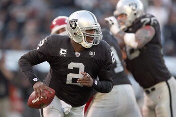 OAKLAND, CA - NOVEMBER 30: Quarterback  JaMarcus Russell #2 of the Oakland Raiders moves to pass the ball against the Kansas City Chiefs during an NFL game on November 30, 2008 at the Oakland-Alameda County Coliseum in Oakland, California. (Photo by Jed J