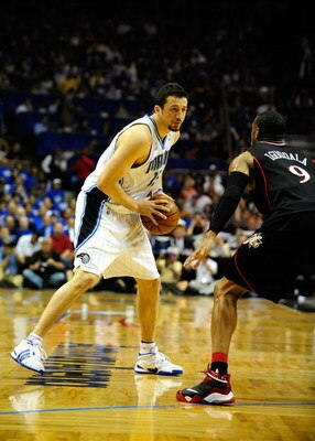ORLANDO, FL - APRIL 28: Hedo Turkoglu #15 of the Orlando Magic looks to pass against Andre Iguodala #9 of the Philadelphia 76ers in Game Five of the Eastern Conference Quarterfinals during the 2009 NBA Playoffs at Amway Arena on April 28, 2009 in Orlando,