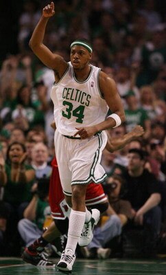 BOSTON - MAY 02:  Paul Pierce #34 of the Boston Celtics celebrates his shot in the fourth quarter against the Chicago Bulls in Game Seven of the Eastern Conference Quarterfinals during the 2009 NBA Playoffs at TD Banknorth Garden on May 2, 2009 in Boston,