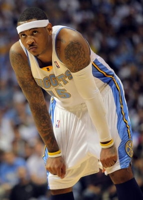 DENVER - MAY 23:  Carmelo Anthony #15 of the Denver Nuggets looks on in the second half against the Los Angeles Lakers in Game Three of the Western Conference Finals during the 2009 NBA Playoffs at Staples Center on May 23, 2009 in Denver, Colorado. NOTE 