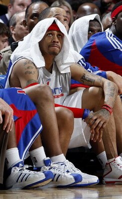 CLEVELAND - FEBRUARY 22: Allen Iverson #1 of the Detroit Pistons looks on from the bench during a loss to the Cleveland Cavaliers on February 22, 2009 at the Quicken Loans Arena in Cleveland, Ohio. Cleveland won the game 99-78. NOTE TO USER: User expressl