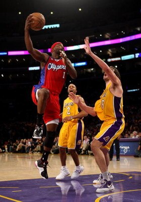 LOS ANGELES, CA - NOVEMBER 05:  Baron Davis #1 of the Los Angeles Clippers shoots over Pau Gasol #16 of the Los Angeles Laker on November 5, 2008 at Staples Center in Los Angeles, California.  The Lakers won 106-88.  NOTE TO USER: User expressly acknowled