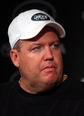 FLORHAM PARK, NJ - MAY 02:  Head coach Rex Ryan of the New York Jets speaks to the media during minicamp on May 2, 2009 at the Atlantic Health Jets Training Center in Florham Park, New Jersey.  (Photo by Jim McIsaac/Getty Images)
