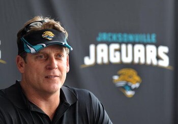 JACKSONVILLE, FL - MAY 1:  Coach Jack Del Rio of the Jacksonville Jaguars talks to the media May 1, 2009 at a team minicamp near Jacksonville Municipal Stadium in Jacksonville, Florida.  (Photo by Al Messerschmidt/Getty Images)