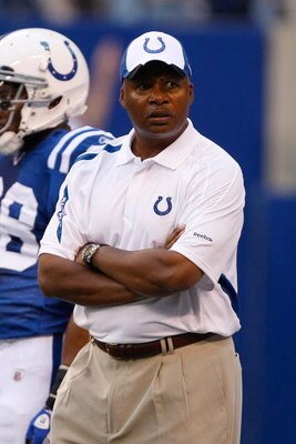 INDIANAPOLIS, IN - AUGUST 14: Head coach Jim Caldwell of the Indianapolis Colts watches warm ups prior to the game  against the Minnesota Vikings at Lucas Oil Stadium on August 14, 2009 in Indianapolis, Indiana. (Photo by Scott Boehm/Getty Images)