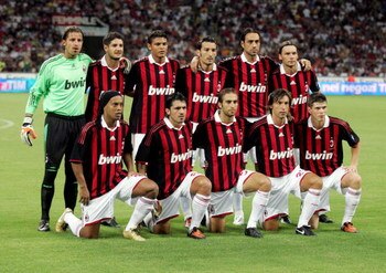 MILAN, ITALY - AUGUST 17:  Milan (from left Marco Storari;Alexandre Pato;Thiago Silva;Gianluca Zambrotta;Alessandro Nesta;Marek Jankulovski;Ronaldinho;Gennaro Gattuso;Mathieu Flamini;Andrea Pirlo;Klaas-Jan Huntelaar) pose for the team shot during the 'Lui