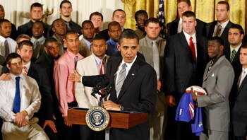 WASHINGTON - APRIL 23:  U.S. President Barack Obama welcomes the University of Florida mens football team to the White House April 23, 2009 in Washington, DC. Obama hosted the 2009 national champion Gators, who presented the president with a custom jersey