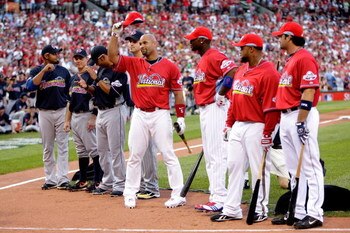 ST LOUIS, MO - JULY 13:  National League All-Star Albert Pujols of the St. Louis Cardinals tips his cap to the crowd before the State Farm Home Run Derby at Busch Stadium on July 13, 2009 in St. Louis, Missouri.  (Photo by Jamie Squire/Getty Images)