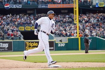 DETROIT - APRIL 10:  Miguel Cabrera #24 of the Detroit Tigers runs the bases against the Texas Rangers during Opening Day on April 10, 2009 at Comerica Park in Detroit, Michigan. Detroit won the game 15-2. (Photo by Gregory Shamus/Getty Images)