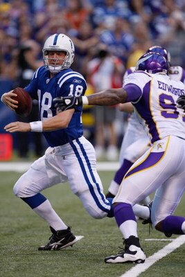 INDIANAPOLIS, IN - AUGUST 14: Quarterback Peyton Manning #18 of the Indianapolis Colts runs out of the pocket under pressure against the Minnesota Vikings at Lucas Oil Stadium on August 14, 2009 in Indianapolis, Indiana. (Photo by Scott Boehm/Getty Images