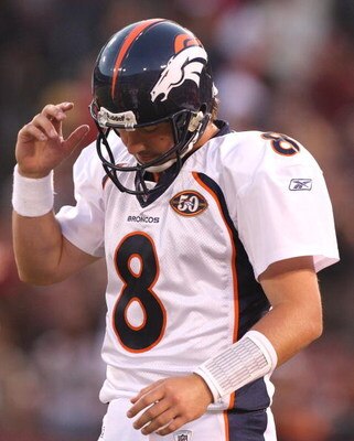 SAN FRANCISCO - AUGUST 14:  Quarterback Kyle Orton #8 of the Denver Broncos reacts after throwing his third interception of the game against the San Francisco 49ers during the preseason game on August 14, 2009 at Candlestick Park in San Francisco, Califor