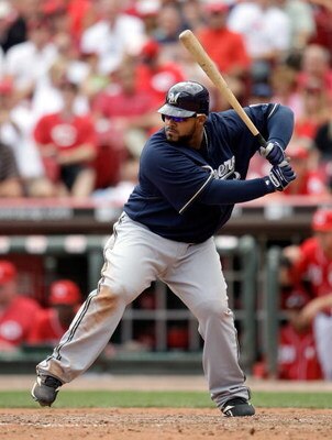 CINCINNATI - JULY 19:  Prince Fielder #28 of the Milwaukee Brewers is pictured at bat during the game against the Cincinnati Reds at Great American Ball Park on July 19, 2009 in Cincinnati, Ohio.  (Photo by Andy Lyons/Getty Images)