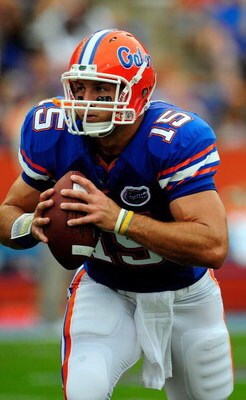 GAINESVILLE, FL - SEPTEMBER 5:  Quarterback Tim Tebow #15 of the Florida Gators sets up to throw during warm-up prior to the game against the Charleston Southern Buccaneers at Ben Hill Griffin Stadium on September 5, 2009 in Gainesville, Florida.  (Photo 
