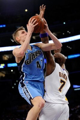 LOS ANGELES, CA - APRIL 19:  Andrei Kirilenko #47 of the Utah Jazz goes up for a shot against Lamar Odom #7 of the Los Angeles Lakers in the second quarter of Game One of the Western Conference Quarterfinals during the 2009 NBA Playoffs at Staples Center 