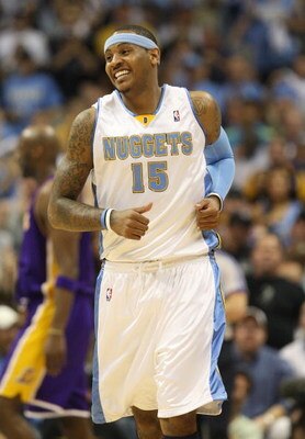 DENVER - MAY 25:  Carmelo Anthony #15 of the Denver Nuggets looks on against the Los Angeles Lakers in Game Four of the Western Conference Finals during the 2009 NBA Playoffs at Pepsi Center on May 25, 2009 in Denver, Colorado. NOTE TO USER: User expressl