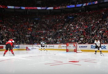 MONTREAL - JANUARY 24:  Eastern Conference All-Star Dany Heatley of the Ottawa Senators competes in the 'McDonald�s Accuracy Shooting' during the Honda NHL Superskills competition as part of the 2009 NHL All-Star weekend on January 24, 2009 at the Bell Ce