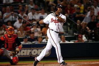 ATLANTA - JUNE 26:  Garret Anderson #18 of the Atlanta Braves against the Boston Red Sox at Turner Field on June 26, 2009 in Atlanta, Georgia.  (Photo by Kevin C. Cox/Getty Images)