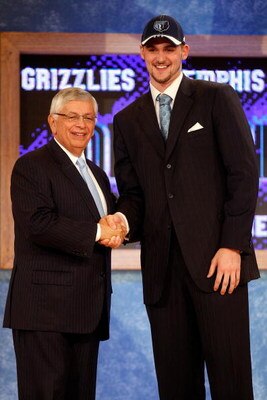 NEW YORK - JUNE 26:  NBA Commissioner David Stern shakes hands with number five draft pick for the Memphis Grizzlies, Kevin Love during the 2008 NBA Draft at the Wamu Theatre at Madison Square Garden June 26, 2008 in New York City. NOTE TO USER: User expr