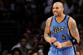 LOS ANGELES, CA - APRIL 19:  Carlos Boozer #5 of the Utah Jazz reacts against the Los Angeles Lakers in Game One of the Western Conference Quarterfinals during the 2009 NBA Playoffs at Staples Center on April 19, 2009 in Los Angeles, California. NOTE TO U