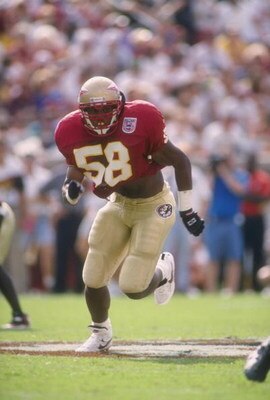 3 Sep 1994:  Defensive end Peter Boulware of the Florida State Seminoles moves down the field during a game against the Virginia Cavaliers at Scott Stadium in Charlottesville, Virginia.  FSU won the game, 41-17. Mandatory Credit: Scott Halleran  /Allsport