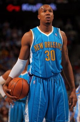 DENVER - APRIL 19:  David West #30 of the New Orleans Hornets takes a free throw against the Denver Nuggets in Game One of the Western Conference Quarterfinals during the 2009 NBA Playoffs at Pepsi Center on April 19, 2009 in Denver, Colorado. The Nuggets