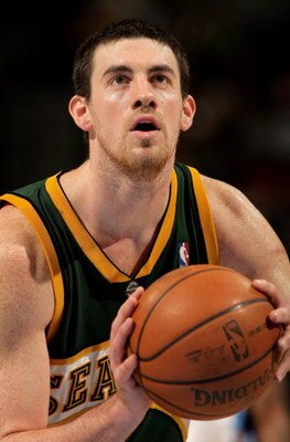 DENVER - MARCH 16:  Nick Collision #4 of the Seattle SuperSonics takes a free throw against the Denver Nuggets at the Pepsi Center on March 16, 2008 in Denver, Colorado. The Nuggets defeated the Sonics 168-116. NOTE TO USER: User expressly acknowledges an