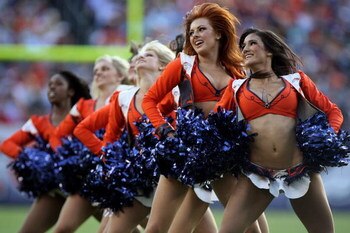 DENVER - NOVEMBER 02:  The Denver Bronco cheerleaders perform as the Broncos host the Miami Dolphins during NFL action at Invesco Field at Mile High on November 2, 2008 in Denver, Colorado. The Dolphins defeated the Broncos 26-17.  (Photo by Doug Pensinge